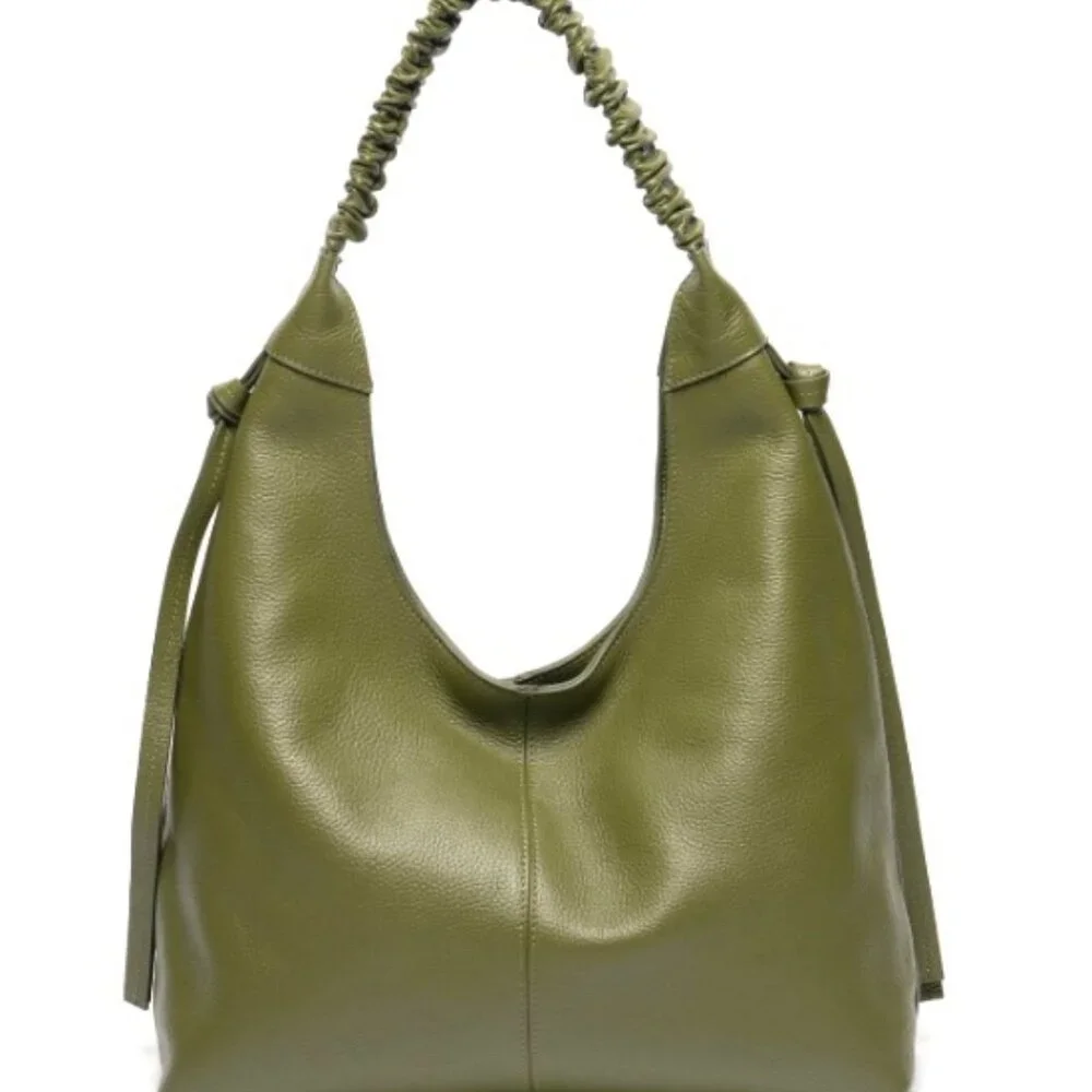 Olive Green Leather Hobo Bag with Ruched Shoulder Strap